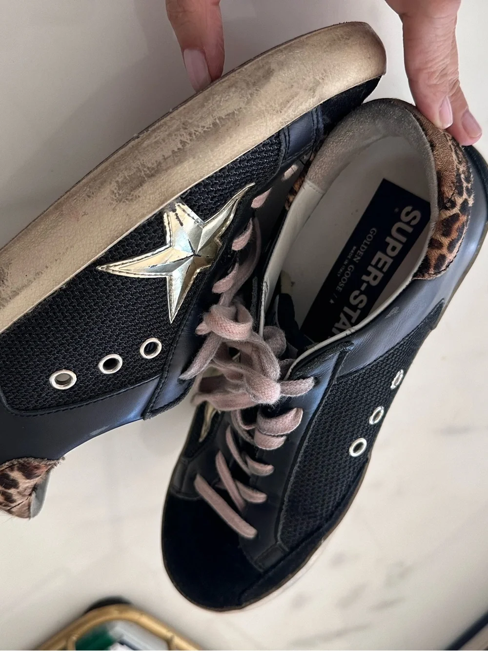Golden Goose Superstar black leather and mesh upper golf star leopard back size